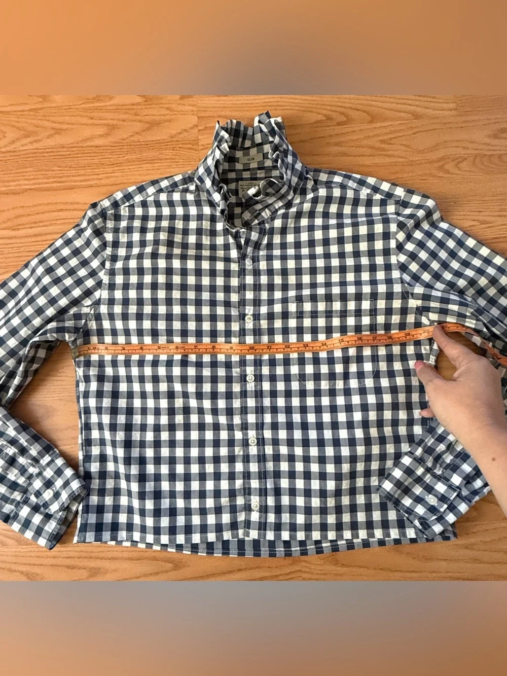 Upcycled J. Crew Navy and White Gingham Button-Down Shirt with Ruffle Neck - Picture 7 of 14